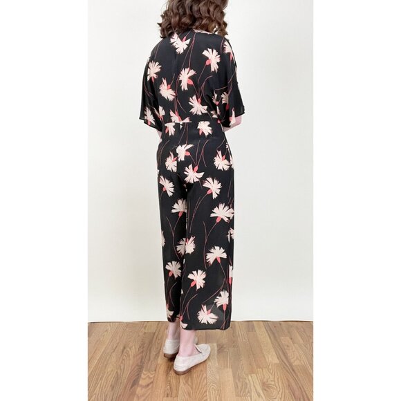 100% Mulberry Silk Wide Leg Jumpsuit Pleated Floral Relaxed Fit & Flare V-Neck - Picture 3 of 12